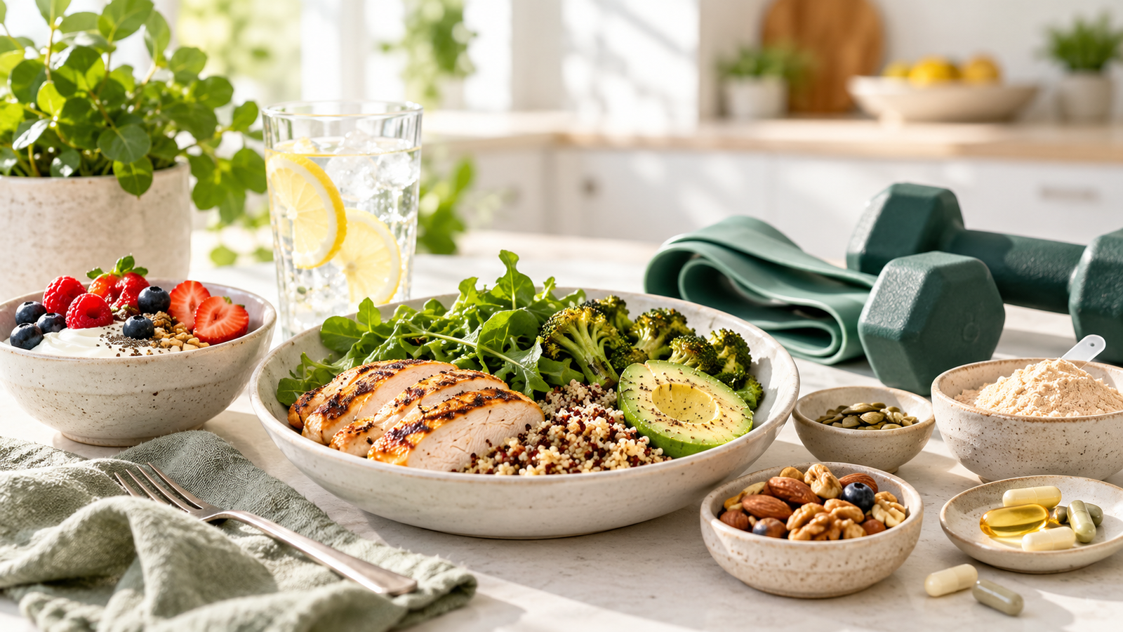 Protein-rich meal, supplements, water, and strength-training equipment representing nutrition, muscle, and gut support while using GLP-1 medications.