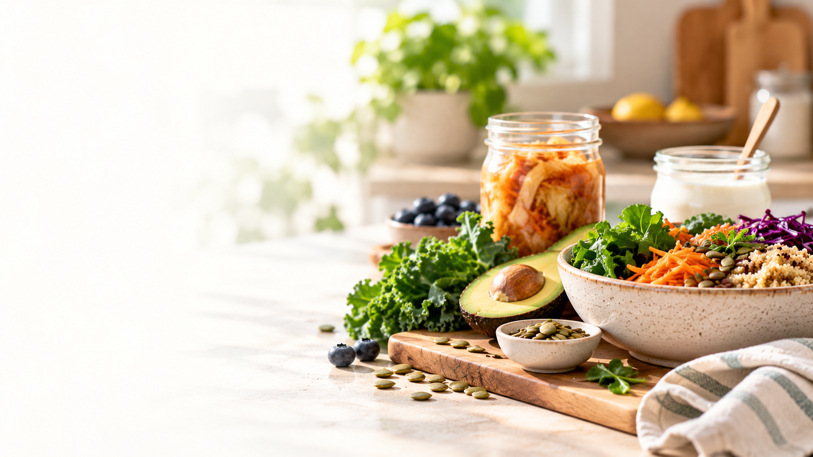 A variety of fiber-rich foods, vegetables, berries, seeds, and fermented foods