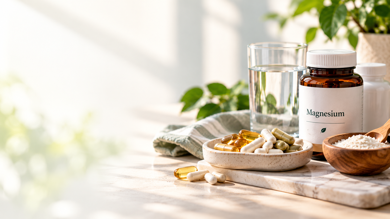 Magnesium capsules, a labeled supplement bottle, and water arranged on a bright counter