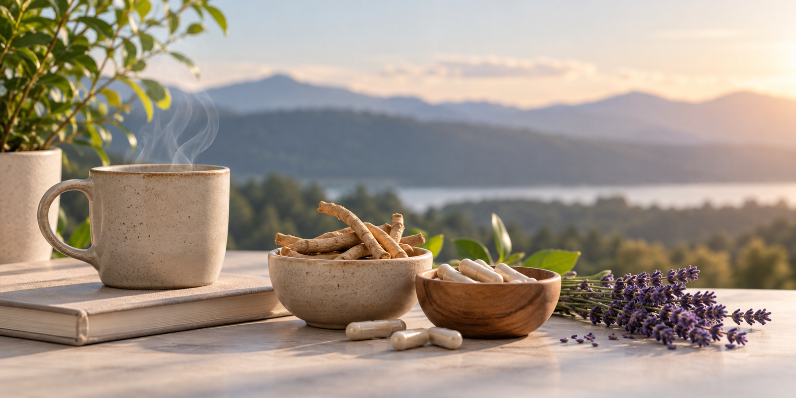 Stress and calm supplements with ashwagandha, capsules, lavender, and a peaceful mountain landscape